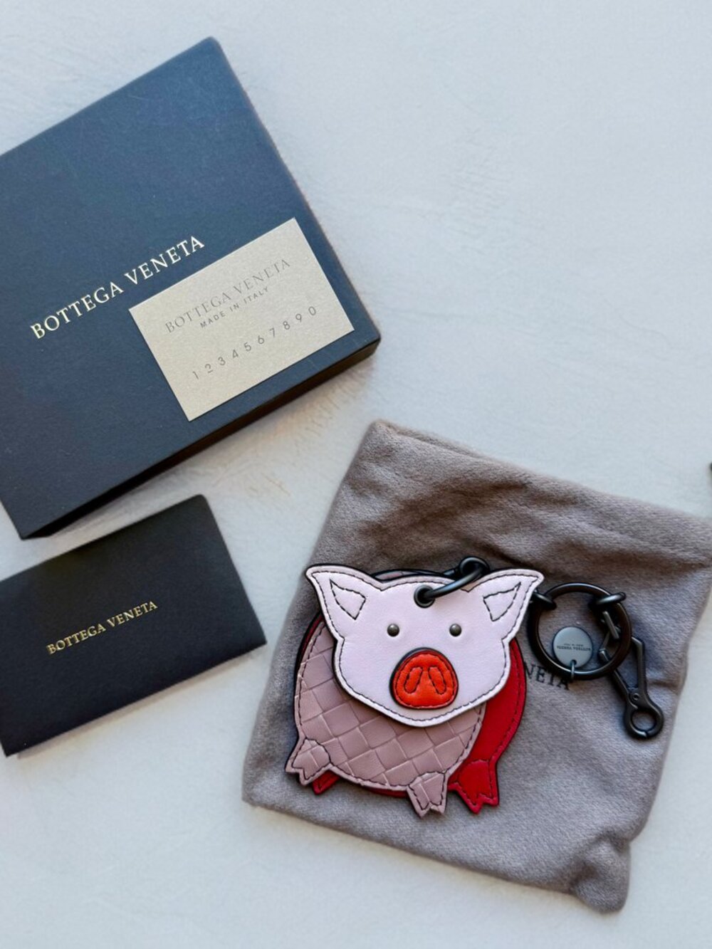 Bottega Veneta Pink Red Inrecciato Leather Pig Key Ring Charm